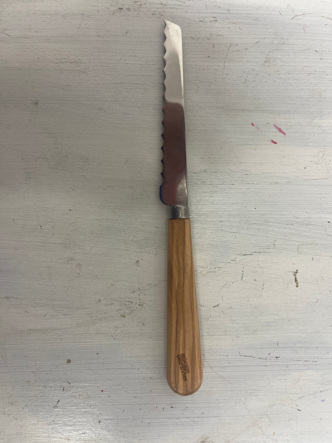 Roger Orfèvre baguette knife with olive wood handle