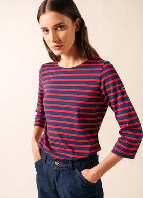 Saint James Breton Stripe Galathée ll 3/4-Sleeve T-Shirt - navy and red stripe