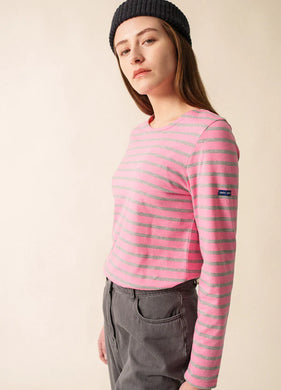 Saint James Breton Stripe Minquidame Long-Sleeve T-Shirt - pink and grey stripe