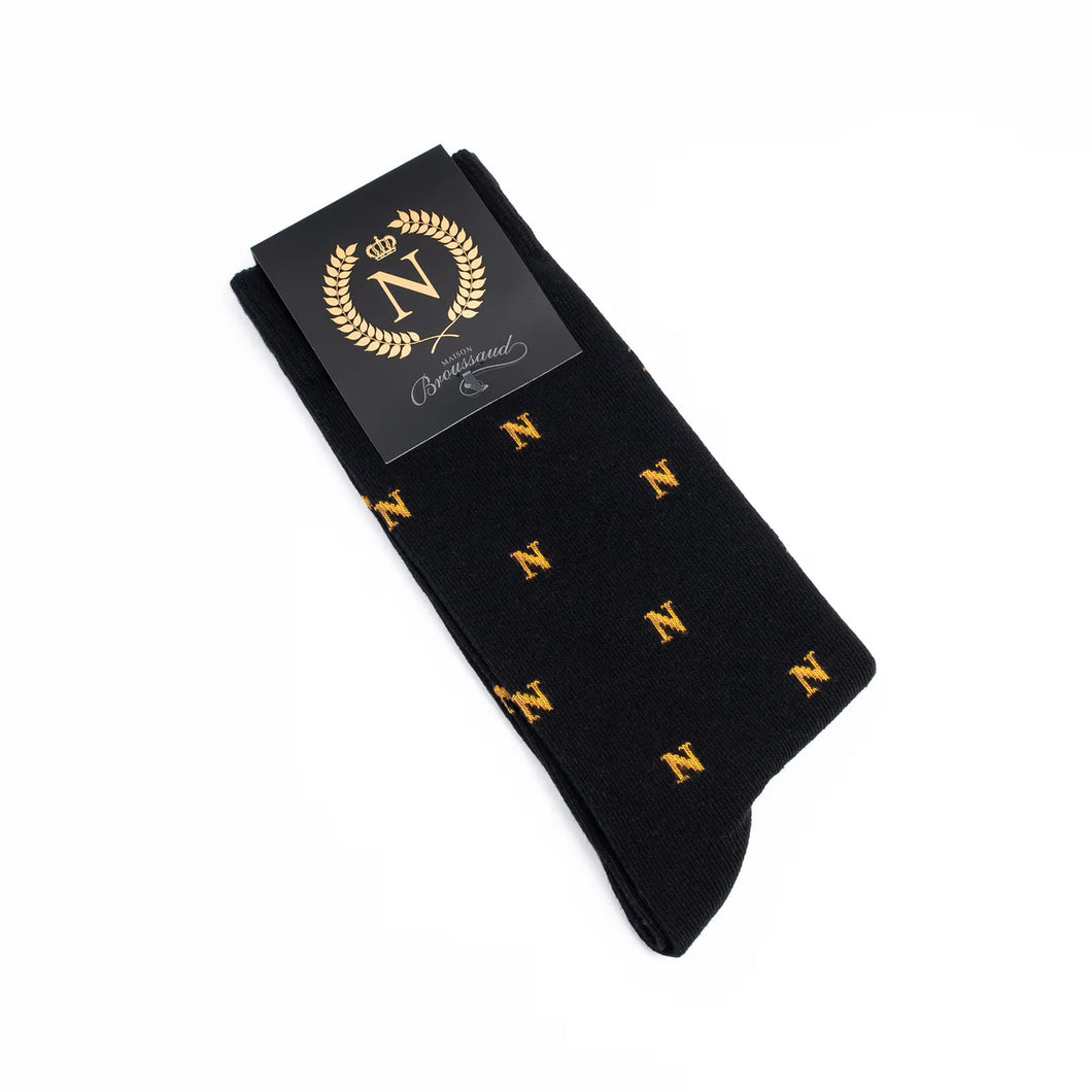 Napoleon ‘N’ allover black socks by Maison Broussaud