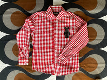 COMME des GARÇONS BLACK / MediCom Bearbrick colab red and white check long-sleeve shirt, made in Japan, Small.