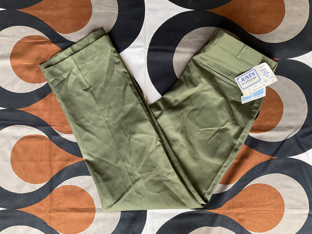 New-old-stock khaki green Jones Workwear trousers, made in Australia, 38”